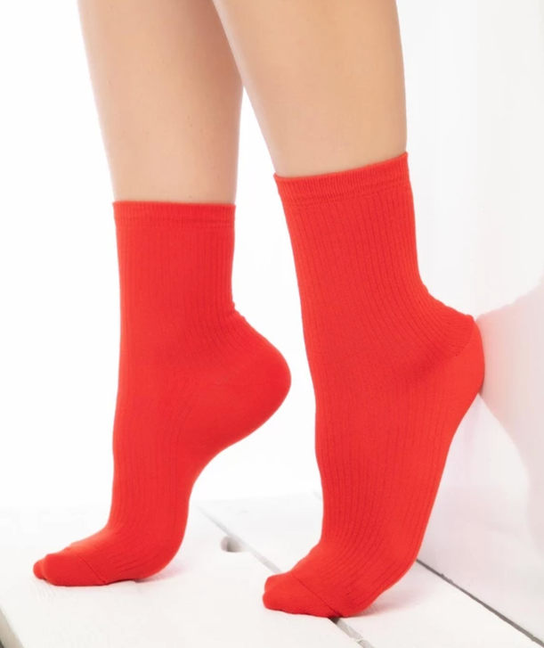 Ribbed Cotton Crew Sock RED