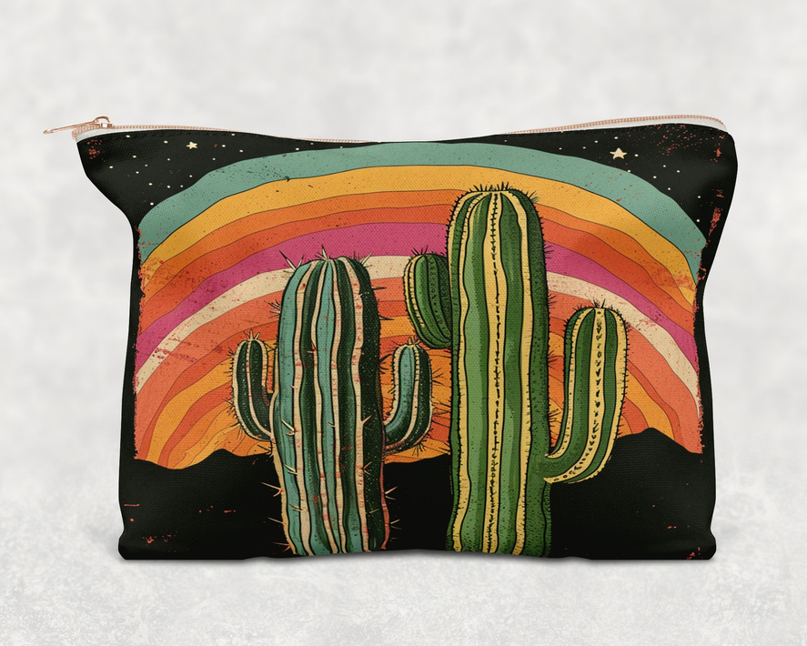 Retro Cactus Printed Canvas Zipper Bag