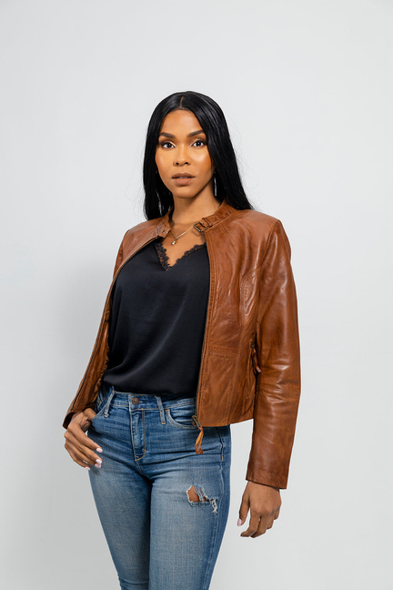 Rexie Womens Fashion Leather Jacket Dark Cognac