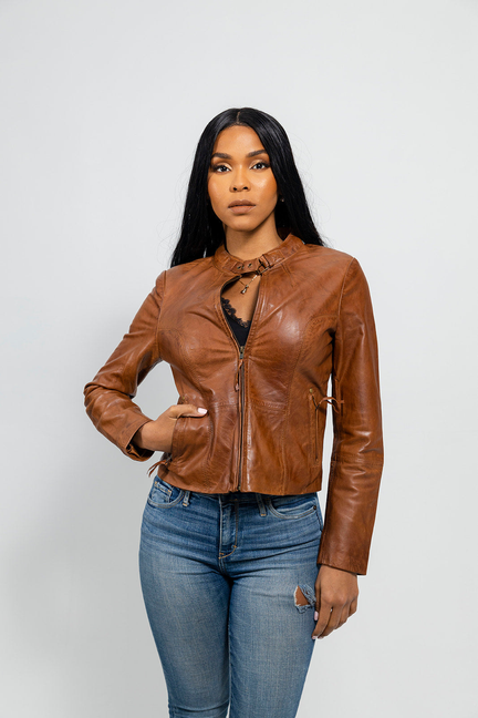 Rexie Womens Fashion Leather Jacket Dark Cognac