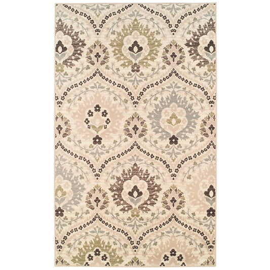 6' X 9' Ivory Gray And Olive Floral Stain Resistant Area Rug