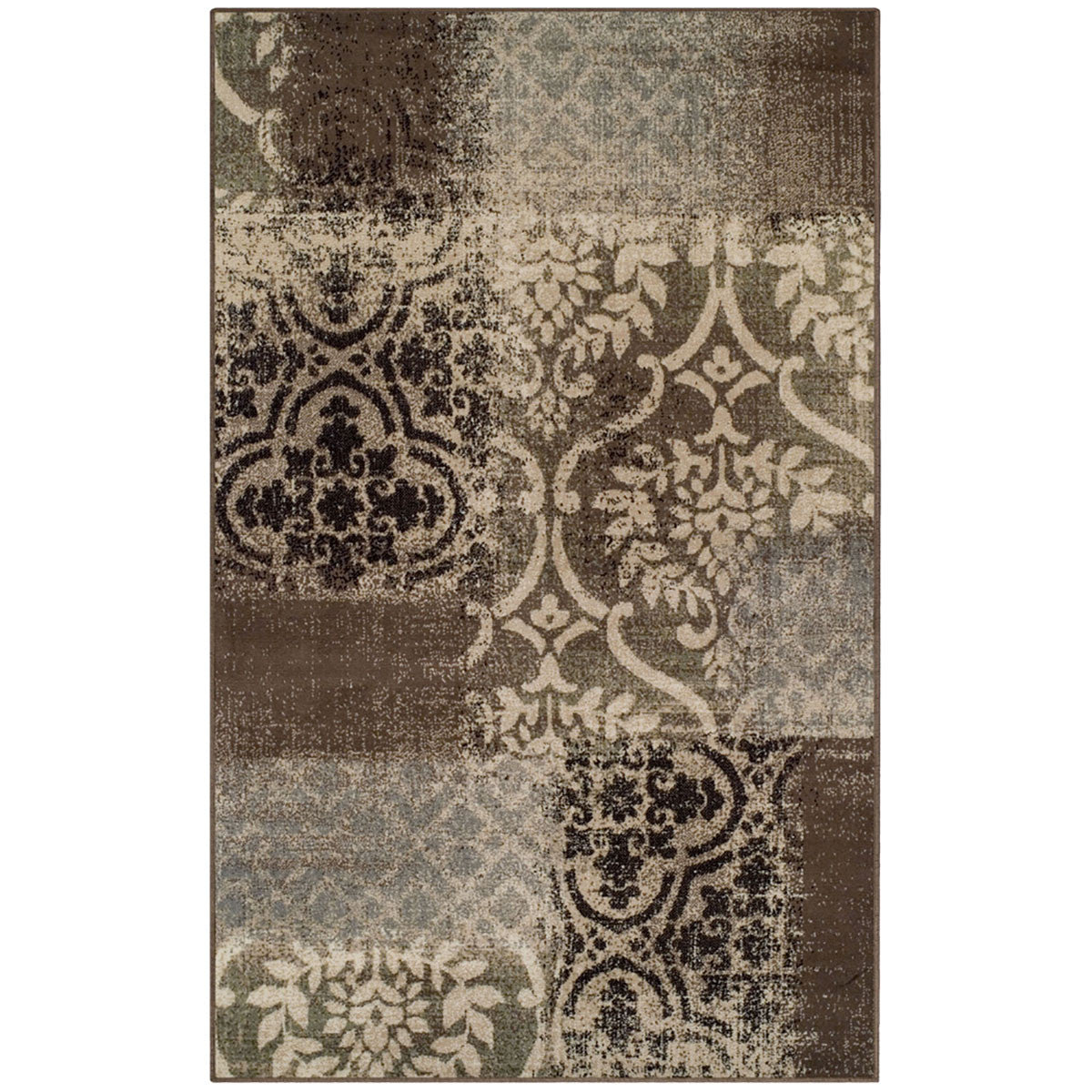 8' X 10' Ivory Light Blue Damask Distressed Stain Resistant Area Rug