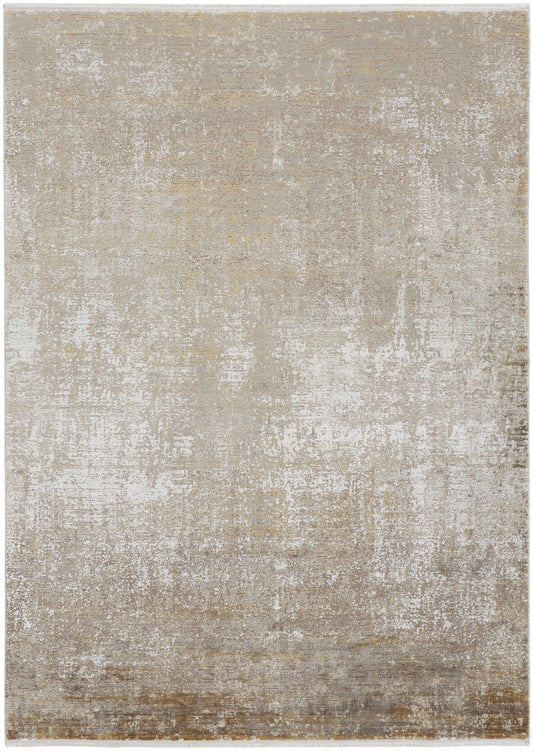 3' X 5' Taupe Ivory And Gold Abstract Power Loom Distressed Area Rug With Fringe