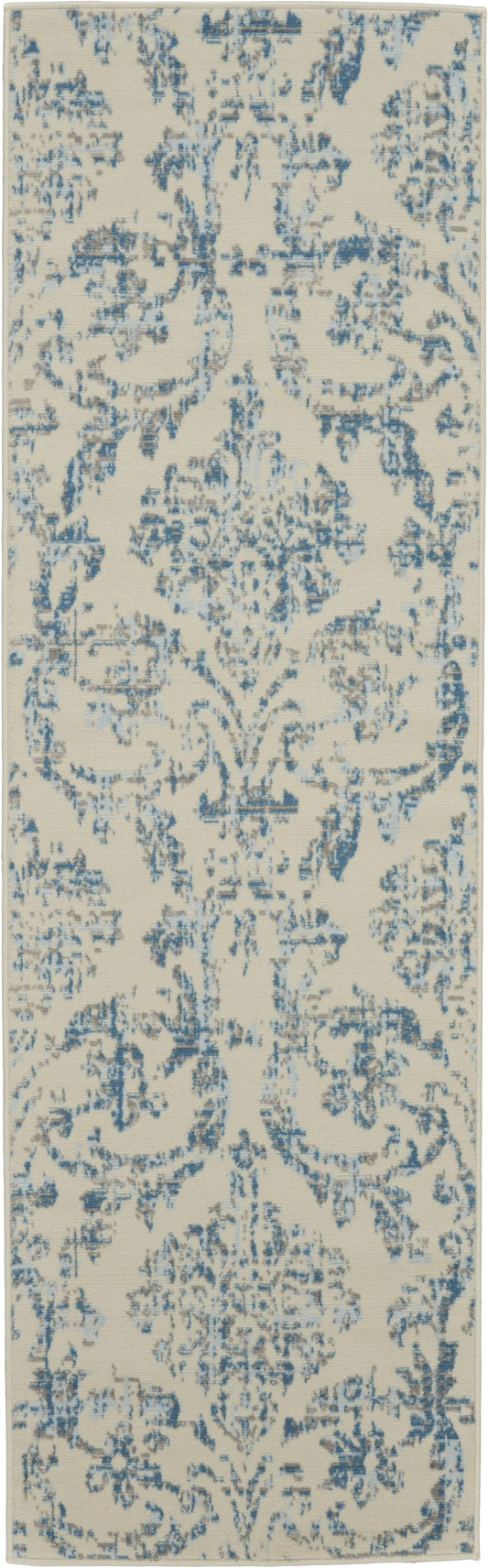 7' Cream Damask Power Loom Runner Rug