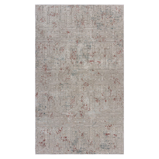 5' X 8' Gray Ivory Slate Blue And Wine Red Geometric Stain Resistant Area Rug