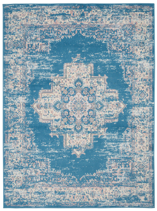 6' X 9' Blue Damask Power Loom Area Rug