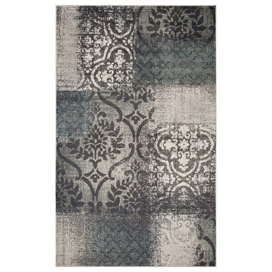 4' X 6' Teal And Gray Damask Distressed Stain Resistant Area Rug