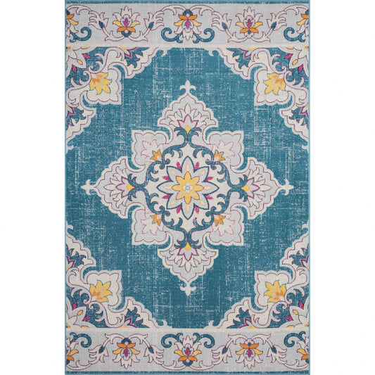 5' X 8' Blue And Ivory Floral Stain Resistant Indoor Outdoor Area Rug