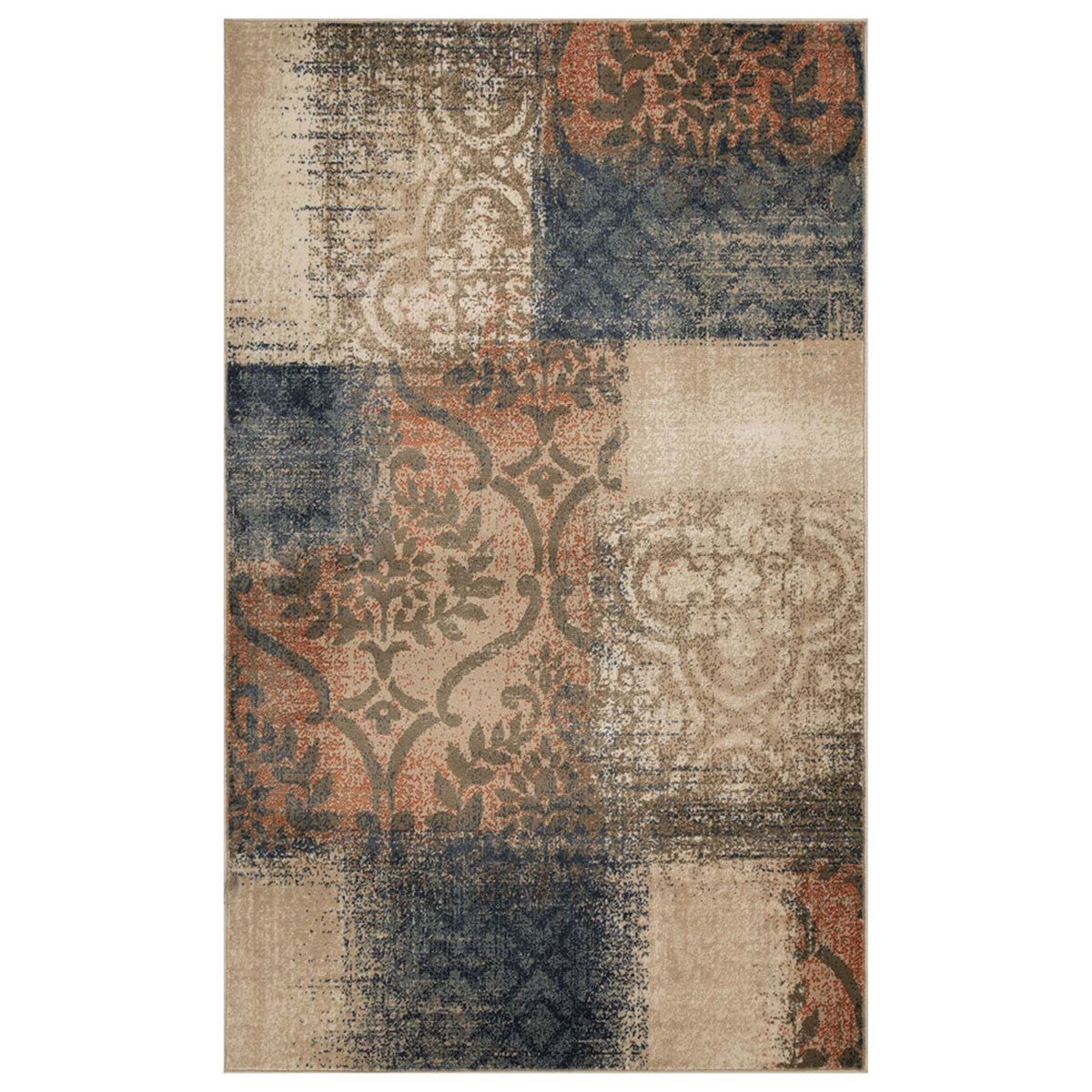 5' X 8' Navy And Salmon Damask Distressed Stain Resistant Area Rug