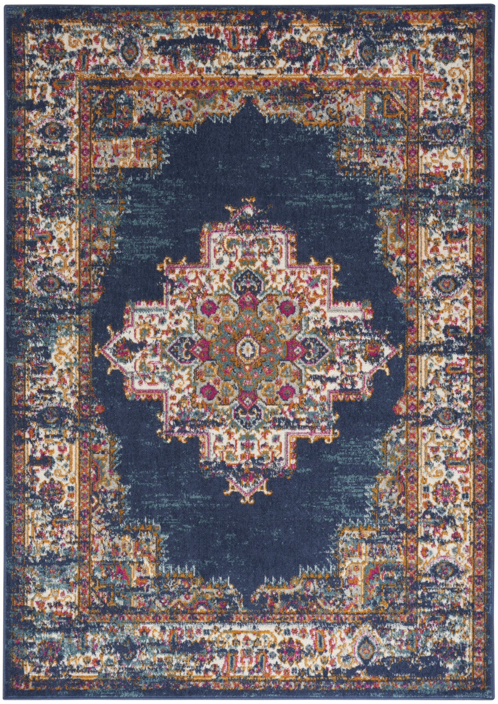 8' X 10' Navy Blue Floral Power Loom Distressed Area Rug