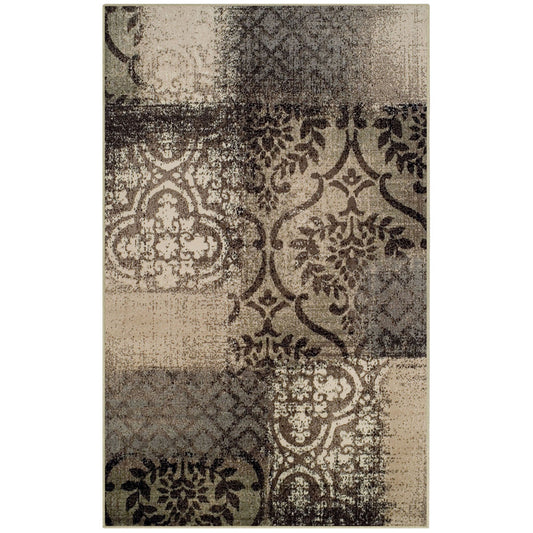 5' X 8' Tan And Brown Damask Distressed Stain Resistant Area Rug