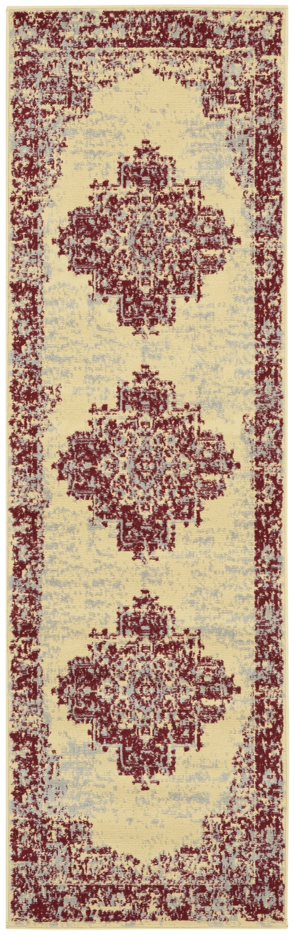 8' Cream Damask Power Loom Runner Rug