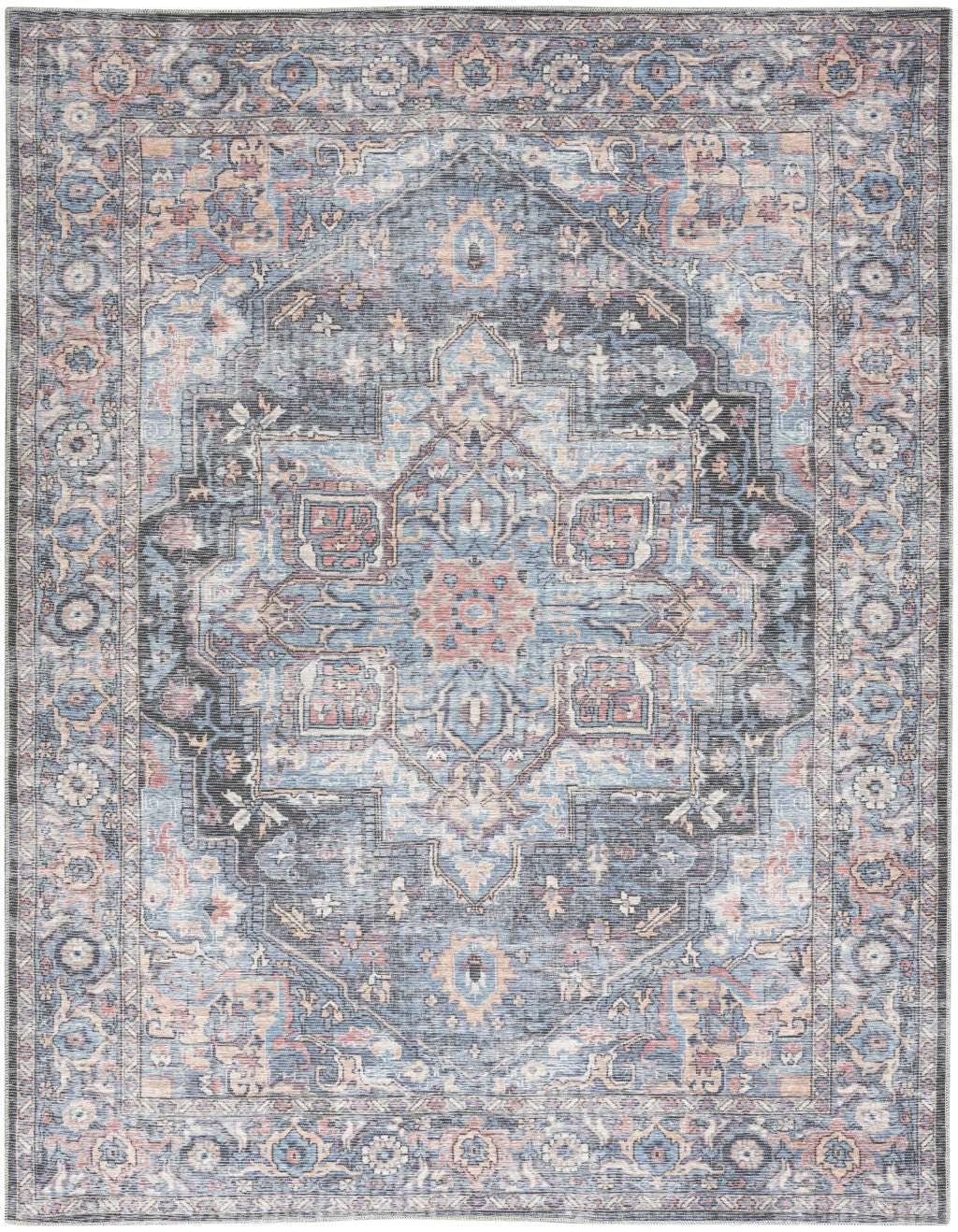 8' X 10' Blue Floral Power Loom Distressed Washable Area Rug