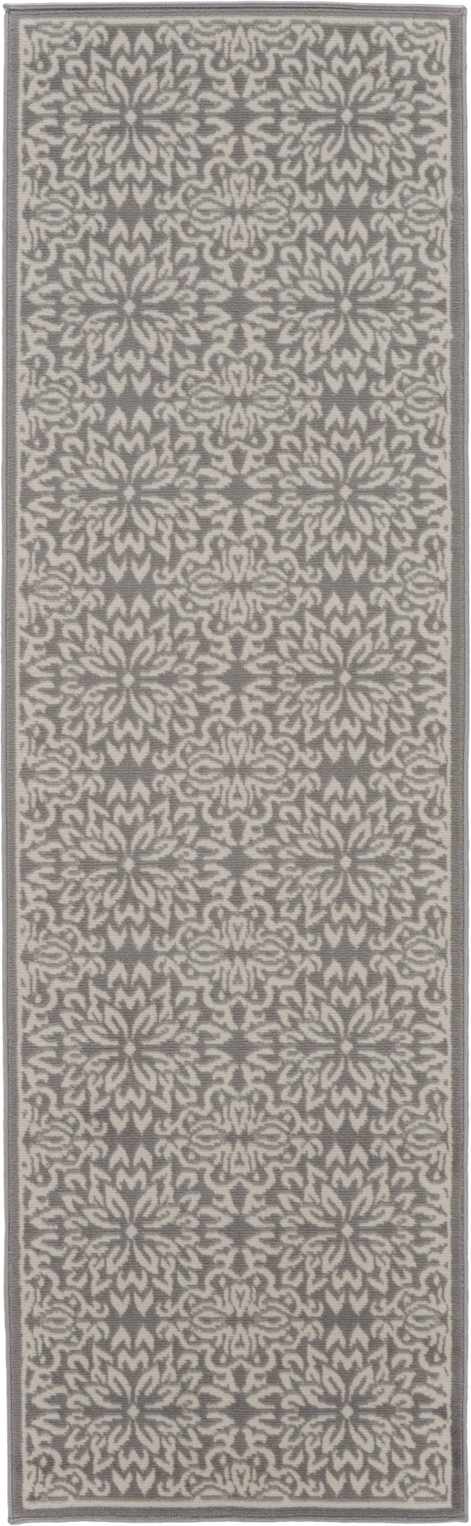 7' Gray Floral Power Loom Runner Rug