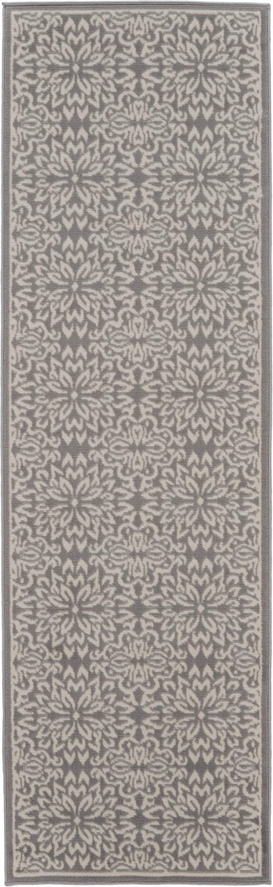 7' Gray Floral Power Loom Runner Rug