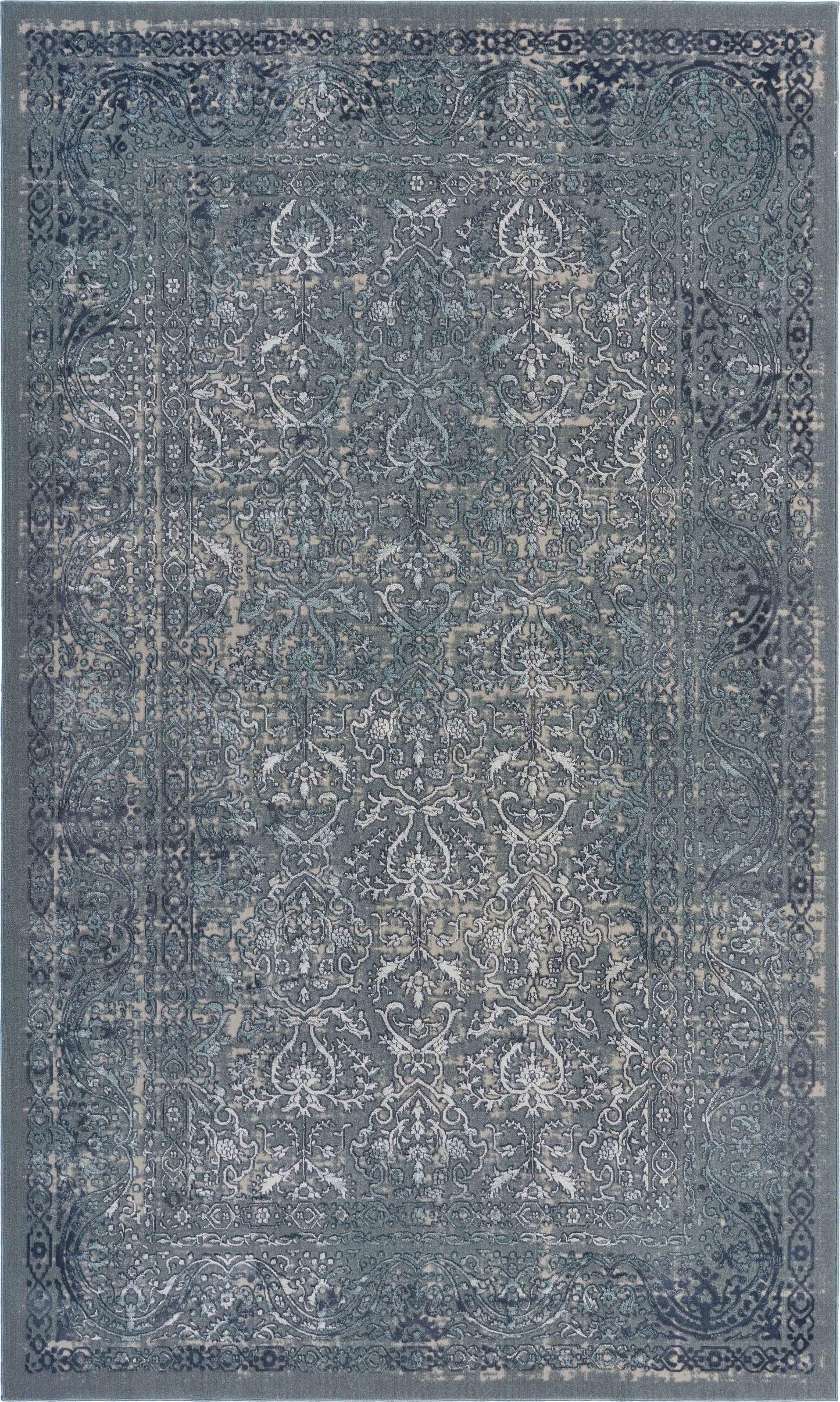 5' X 8' Blue Silver Gray And Cream Damask Distressed Stain Resistant Area Rug