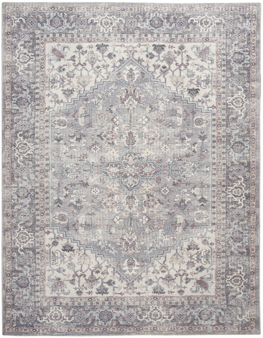 8' X 10' Gray Floral Power Loom Distressed Area Rug