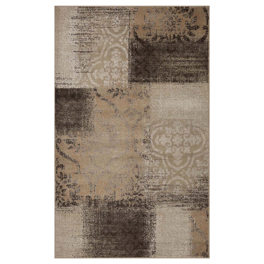 5' X 8' Beige Gray And Black Damask Distressed Stain Resistant Area Rug