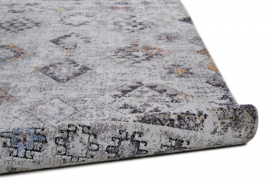 8' Gray Taupe And Blue Geometric Stain Resistant Runner Rug