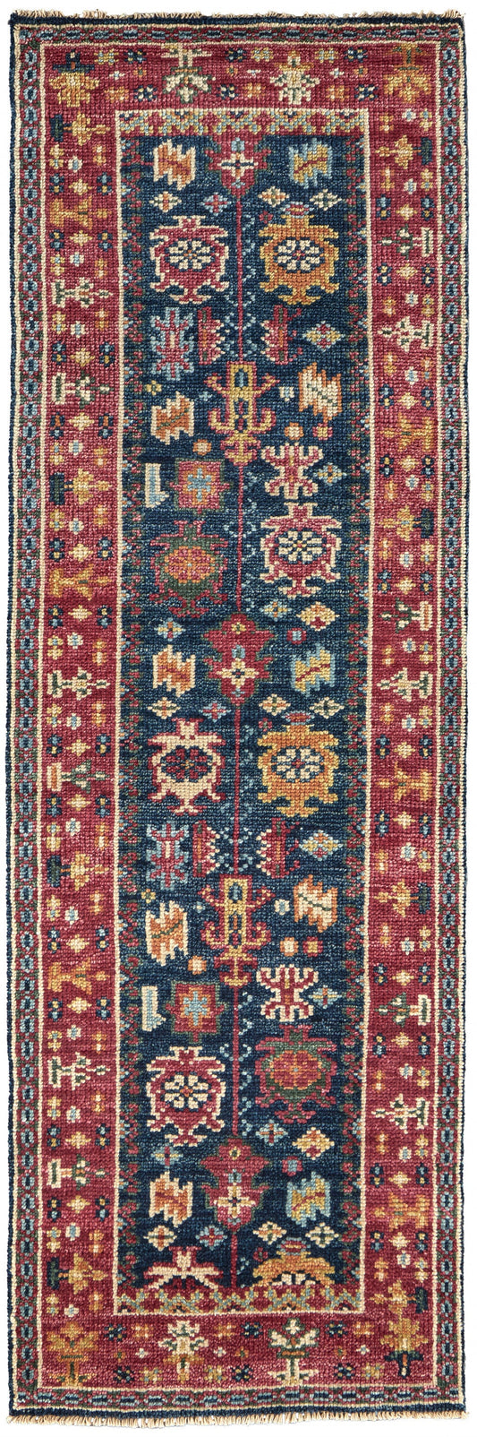 8' Pink Blue And Orange Wool Floral Hand Knotted Distressed Stain Resistant Runner Rug With Fringe