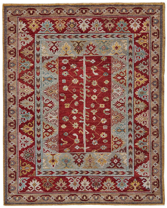 2' X 3' Red Blue And Brown Wool Floral Hand Knotted Distressed Stain Resistant Area Rug With Fringe