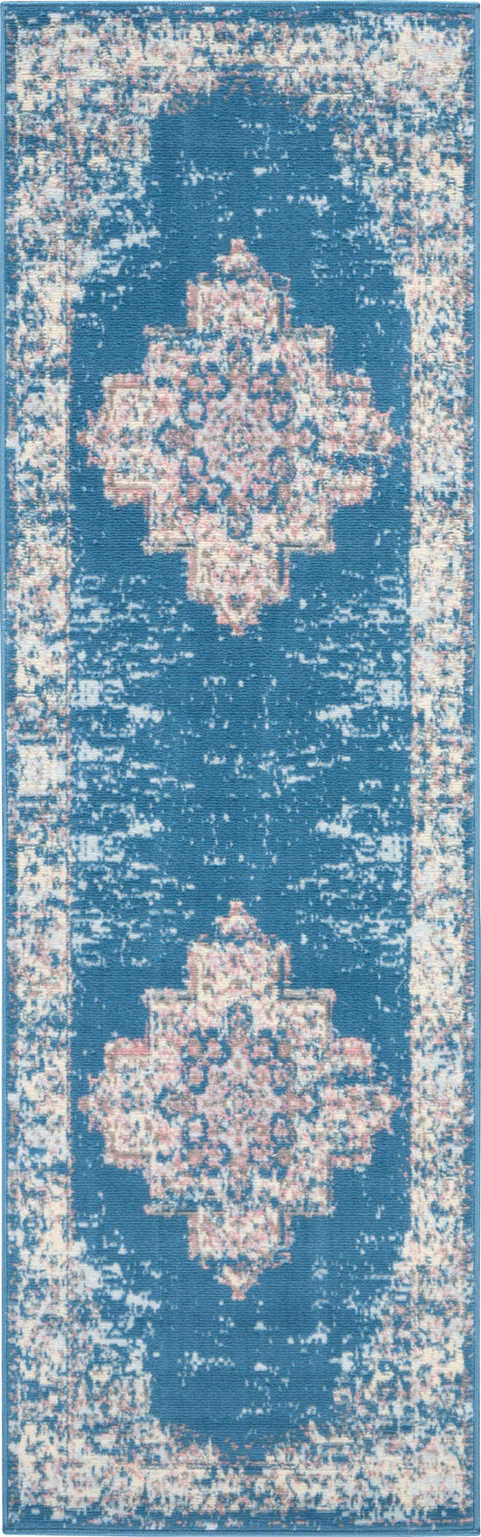 8' Blue Damask Power Loom Runner Rug