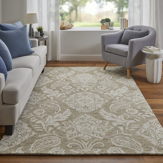 5' X 8' Tan And Ivory Wool Paisley Tufted Handmade Stain Resistant Area Rug