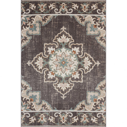 5' X 8' Brown Floral Stain Resistant Indoor Outdoor Area Rug