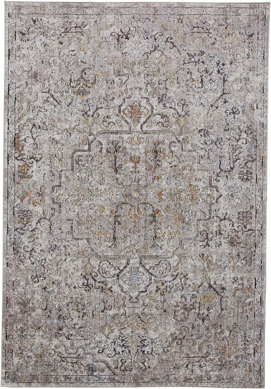 7' X 10' Gray Taupe And Yellow Abstract Stain Resistant Area Rug