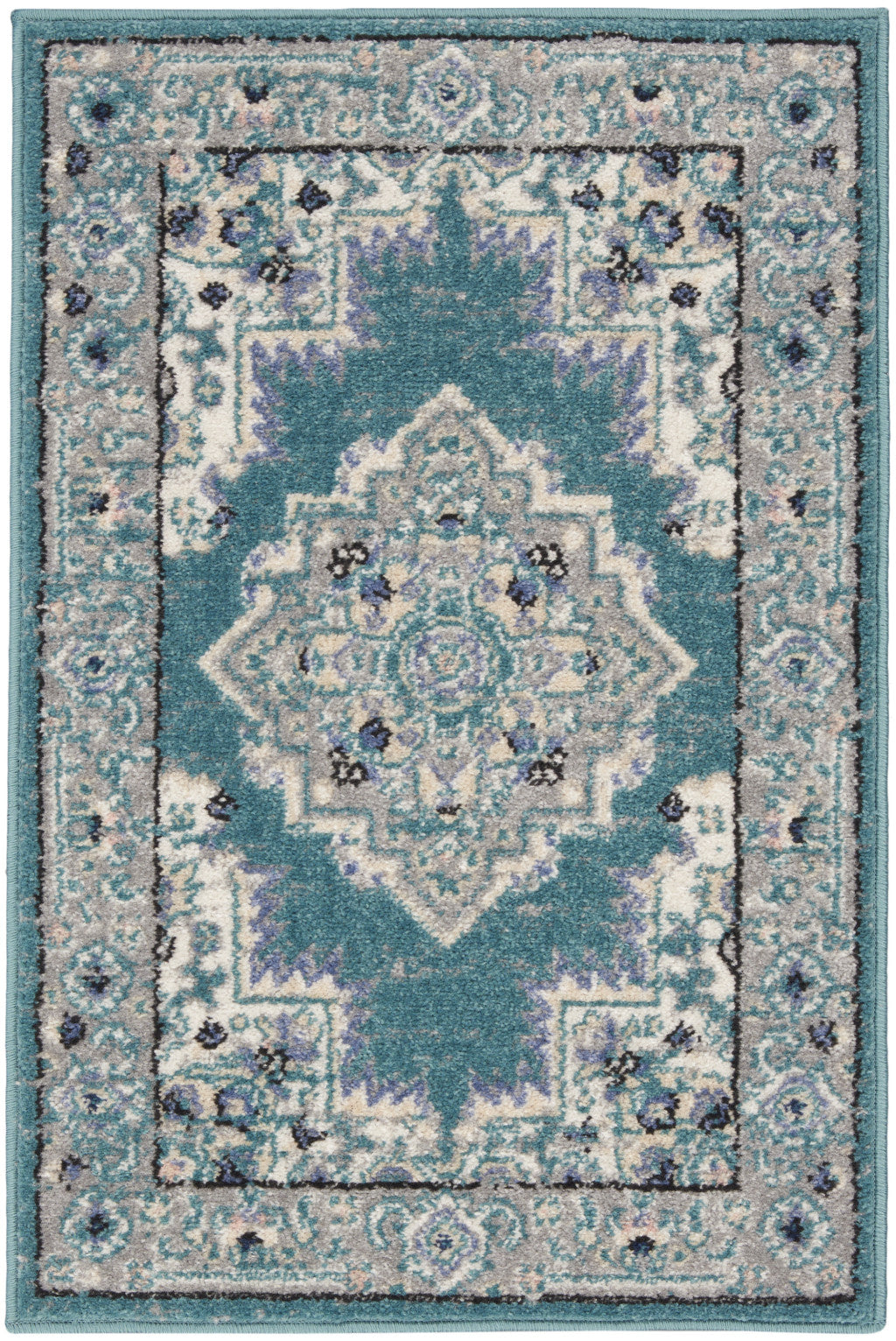 2' X 3' Aqua Floral Power Loom Distressed Area Rug