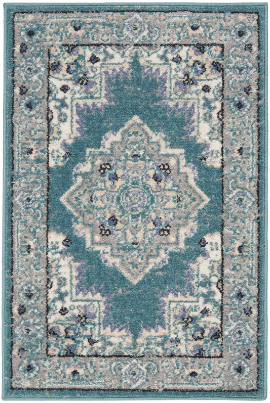 2' X 3' Aqua Floral Power Loom Distressed Area Rug