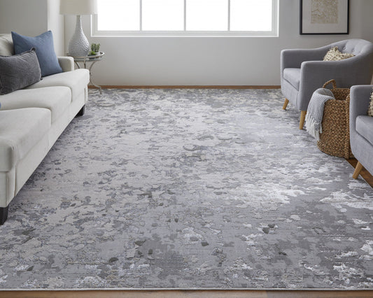 7' X 10' Silver Gray And White Abstract Stain Resistant Area Rug