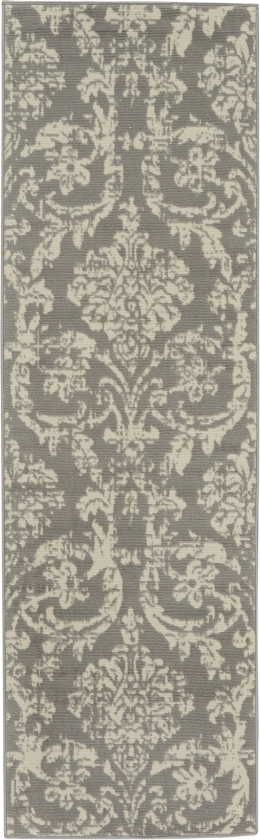 7' Gray Damask Power Loom Runner Rug