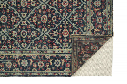 4' X 6' Blue Green And Red Wool Floral Hand Knotted Distressed Stain Resistant Area Rug With Fringe