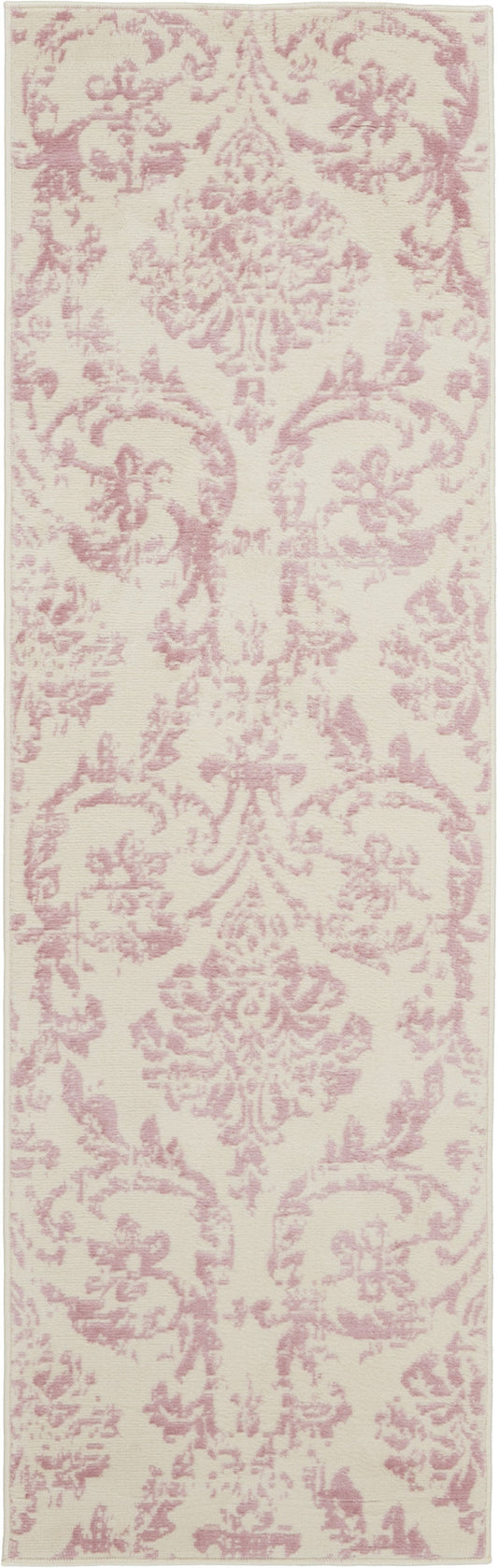 7' Cream Damask Power Loom Runner Rug