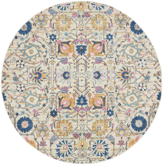 8' Cream Round Floral Power Loom Area Rug