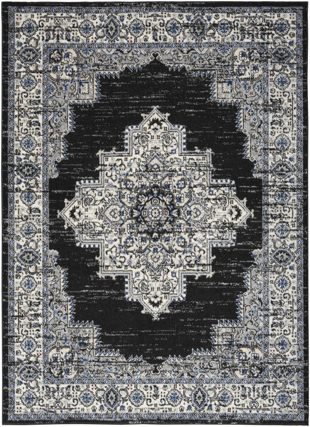 5' X 7' Black Floral Power Loom Distressed Area Rug