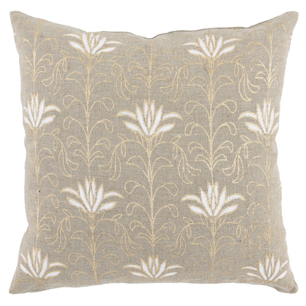 20" X 20" Beige Linen Floral Zippered Pillow