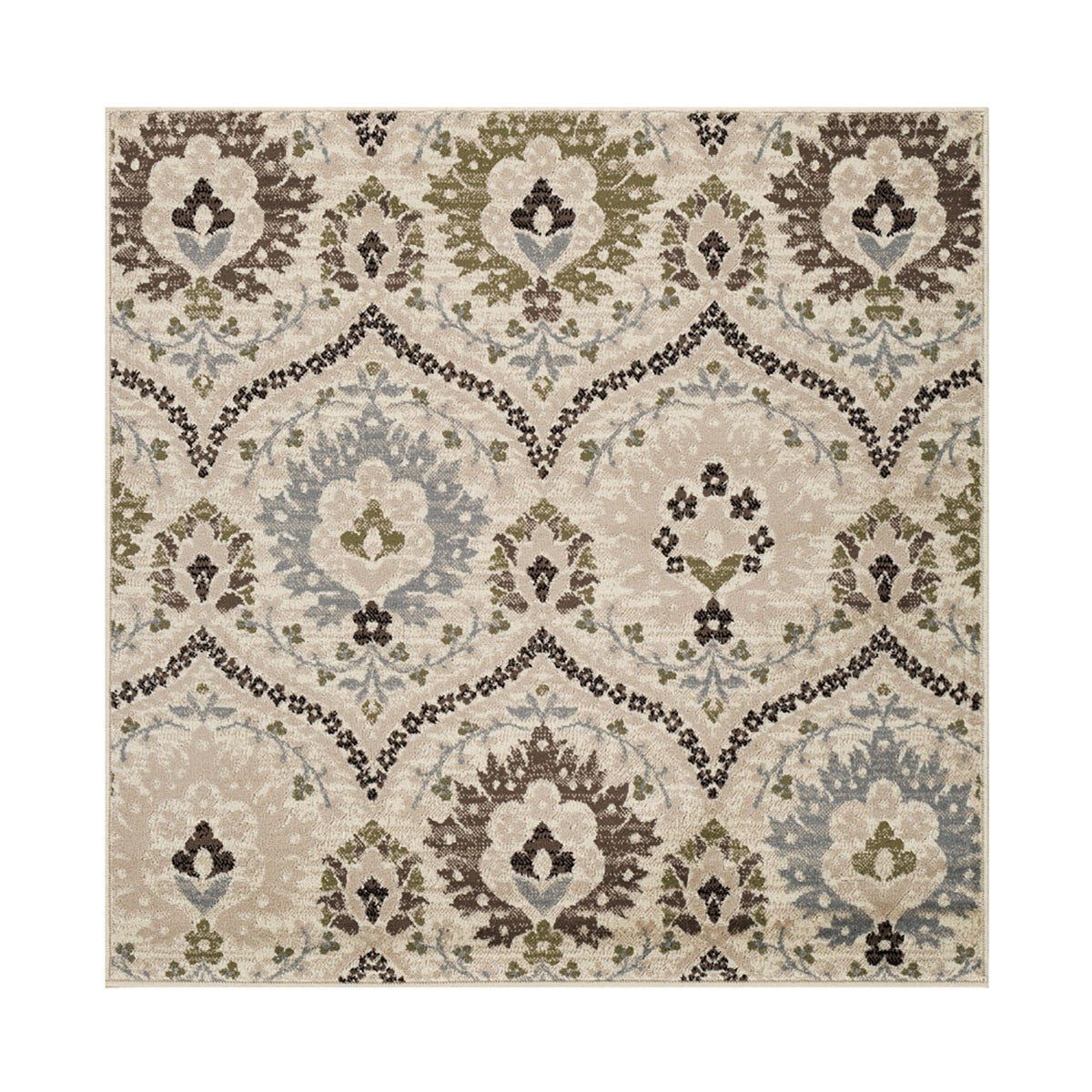 8' Square Ivory Gray And Olive Square Floral Stain Resistant Area Rug