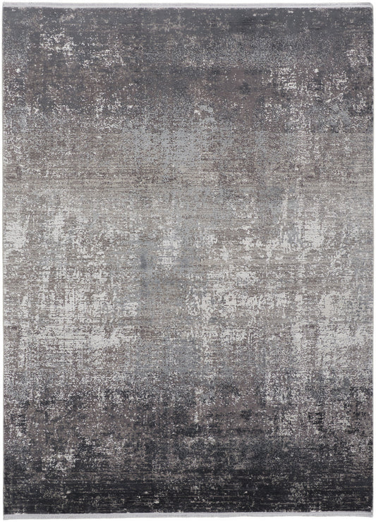 2' X 3' Gray Black And Silver Abstract Power Loom Distressed Area Rug With Fringe