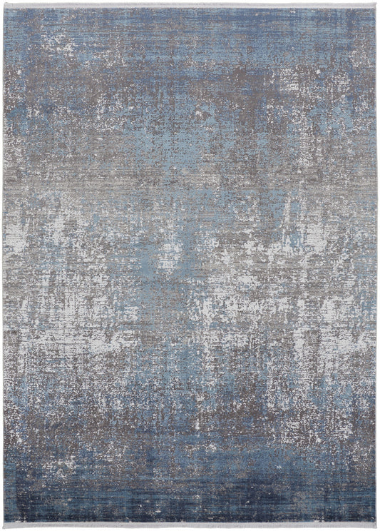 Blue Gray And Silver Abstract Power Loom Distressed Area Rug