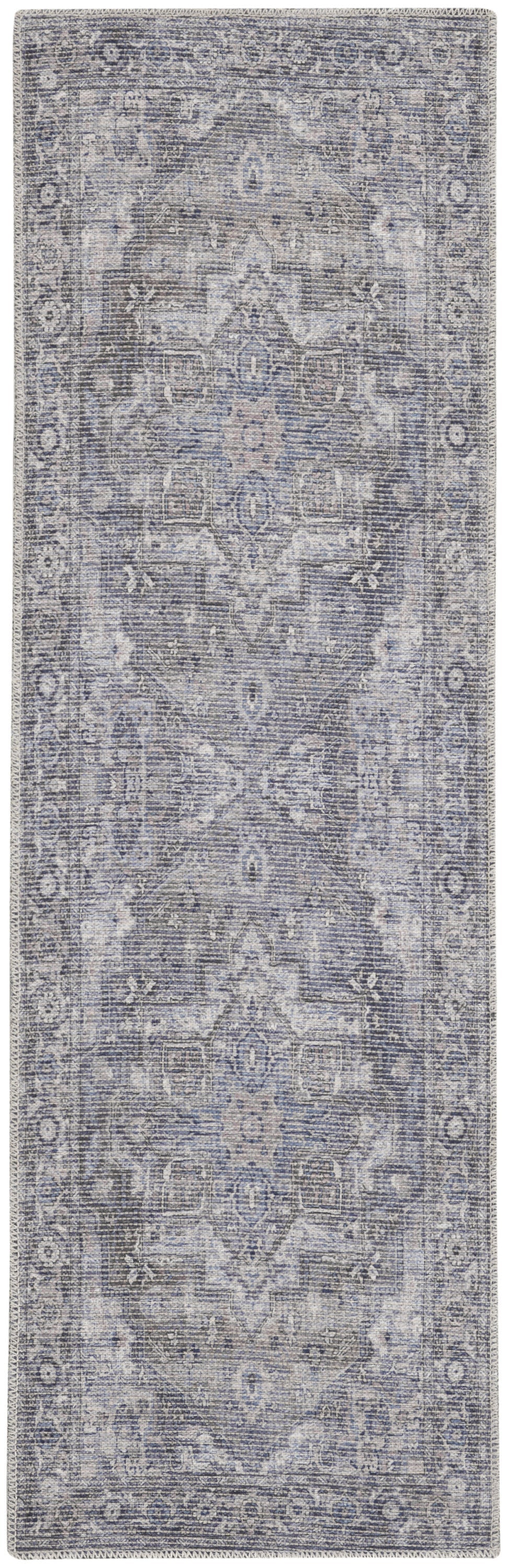 8' Gray Floral Power Loom Distressed Washable Runner Rug