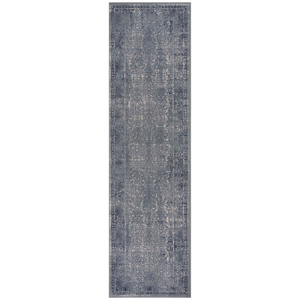 8' Blue Silver Gray And Cream Damask Distressed Runner Rug