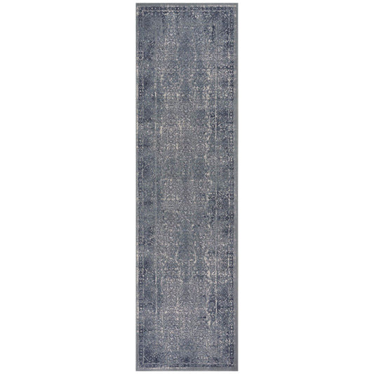 8' Blue Silver Gray And Cream Damask Distressed Runner Rug