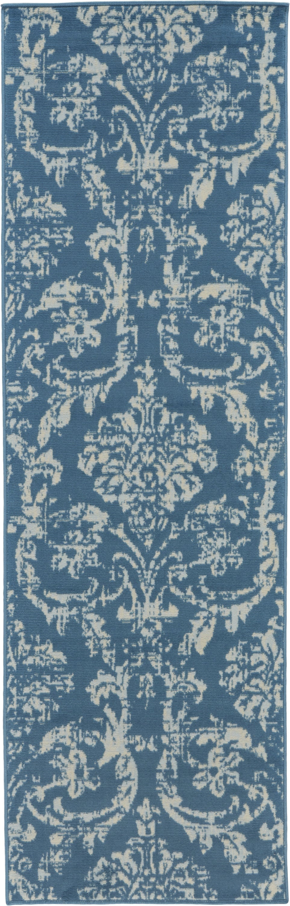 7' Blue Damask Power Loom Runner Rug