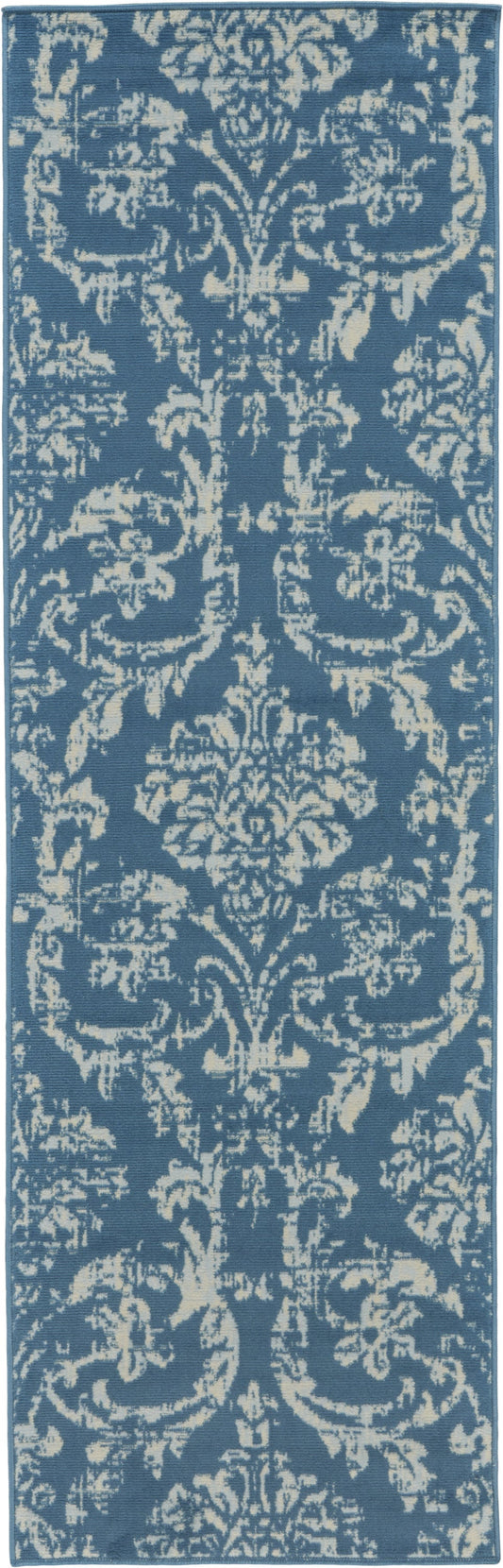 7' Blue Damask Power Loom Runner Rug