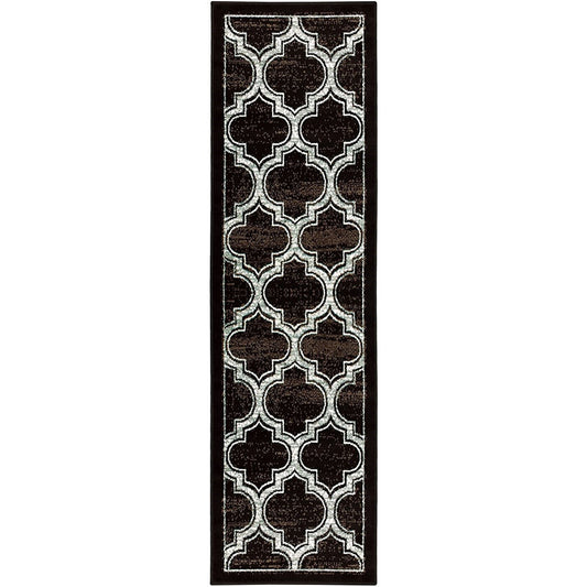 8' Black Geometric Stain Resistant Runner Rug