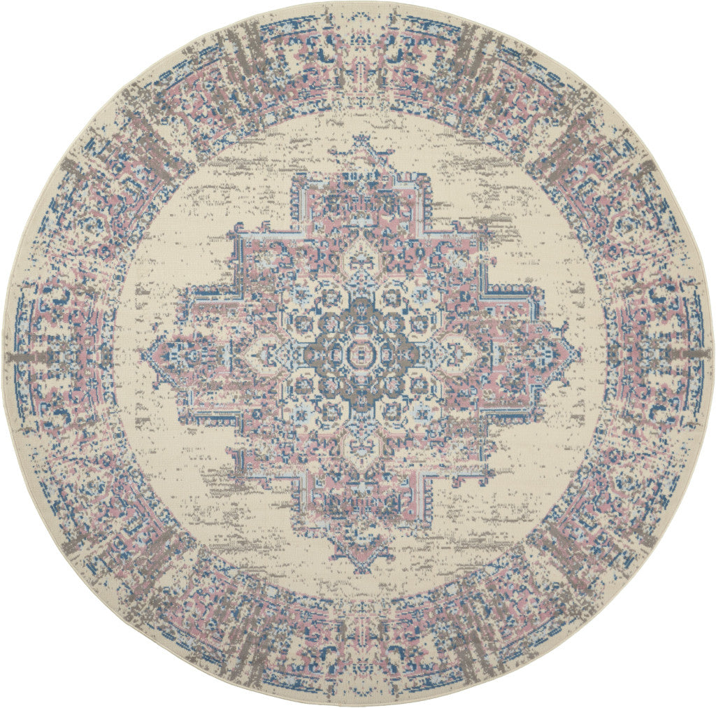 8' Pink Round Damask Power Loom Area Rug