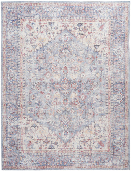 9' X 12' Blue Floral Power Loom Distressed Area Rug