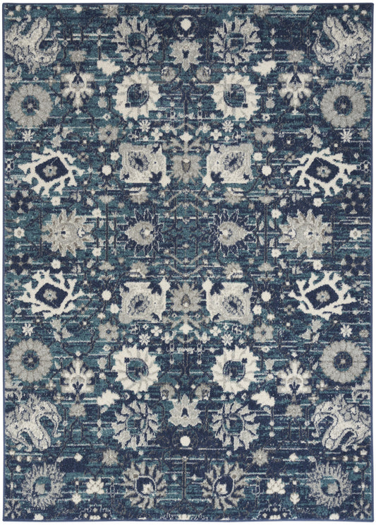 5' X 7' Navy Blue Floral Power Loom Distressed Area Rug